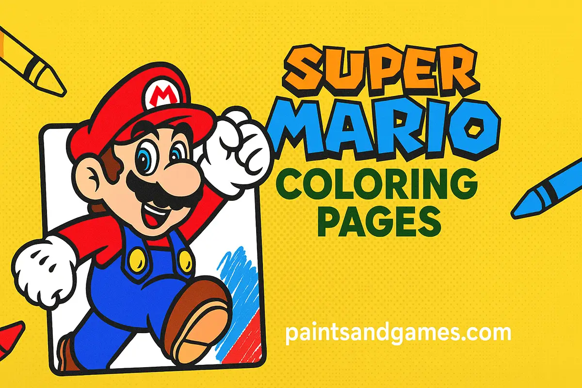 Mario Coloring Pages game featuring Mario, Luigi, and friends ready to be colored